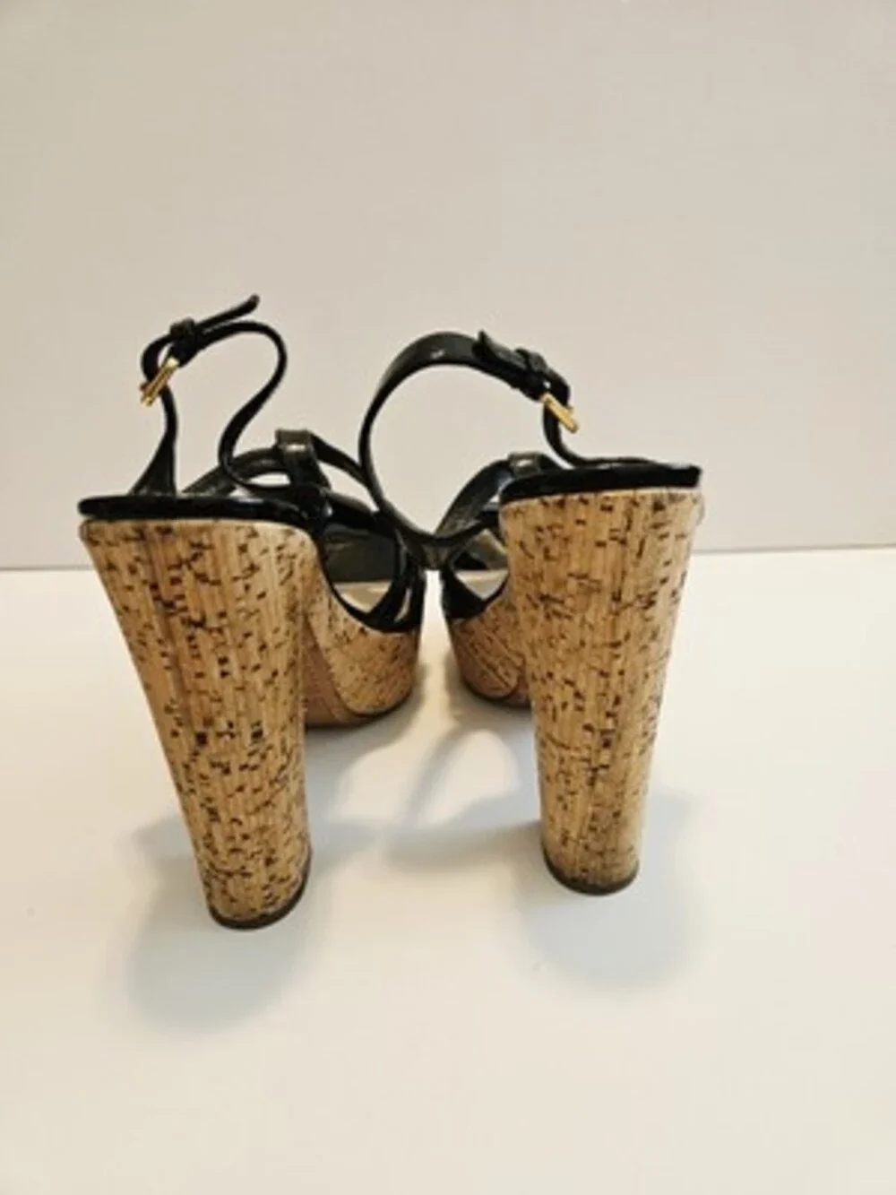 PRADA Milano Black Patent Leather Cork Platform Block US9/UK39 Heels Slingback